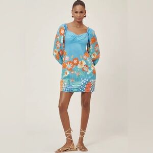 Farm Rio X Anthropologie Blue Dress with Orange Floral Accents